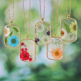Женские ожерелья из сплава, Подвески-ожерелья из смолы и сушеных прессованных цветов, прямоугольные, золотые