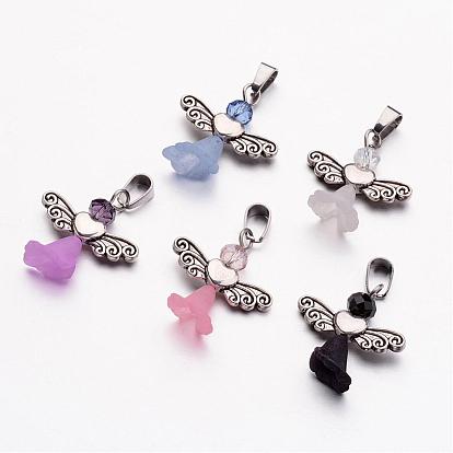 Glass Beads Pendants, with Transparent Acrylic Beads and Tibetan Style Alloy Findings, Frosted, Lovely Wedding Dress Angel Dangle, Antique Silver,