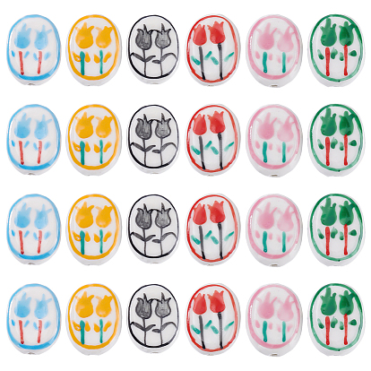 24шт 6 цвета фарфоровые бусины ручной работы, овал с тюльпаной, пастельный фарфор