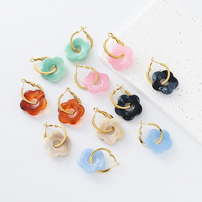 Boucles d'oreilles créoles pendantes en résine et acier inoxydable pour femmes, fleur, or