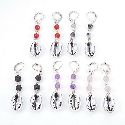 Pendientes de palanca de piedras preciosas mezcladas naturales, facetados, con cuentas de conchas de mar, Ojo de hierro y hallazgos de pendientes de latón.