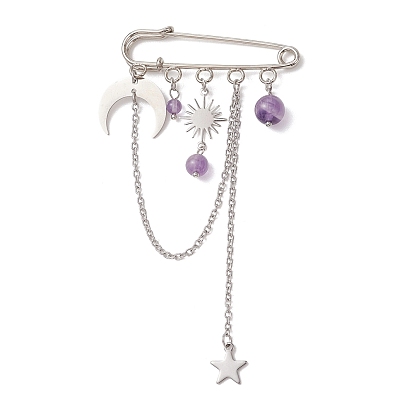 Броши-подвески из аметиста, латуни и нержавеющей стали, железа килт контакты, солнце и звезда и луна