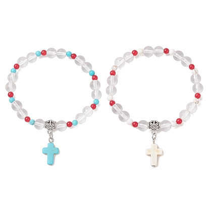 Браслеты с подвесками-крестиками из синтетической бирюзы, Браслеты из синтетического кварцевого кристалла и окрашенного натурального малайзийского нефрита для женщин