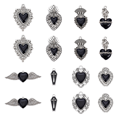 16 шт 8 стили подвески из сплава эмали, античное серебро, гроб/сердце-оберег