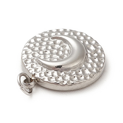304 Stainless Steel Charms, with Jump Ring, Textured, Flat Round with Moon Pattern