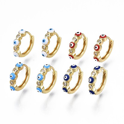 Clear Cubic Zirconia Evil Eye Huggie Hoop Earrings with Enamel, Brass Jewelry for Girl Women, Real 18K Gold Plated, Nickel Free