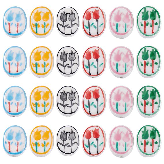 24шт 6 цвета фарфоровые бусины ручной работы, овал с тюльпаной, пастельный фарфор