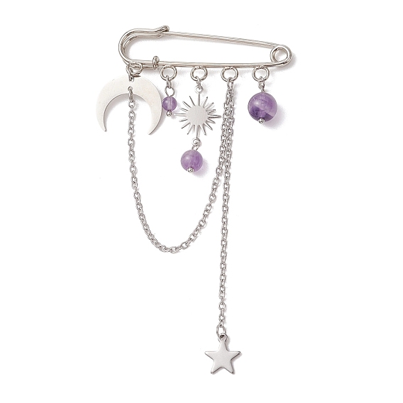 Броши-подвески из аметиста, латуни и нержавеющей стали, железа килт контакты, солнце и звезда и луна