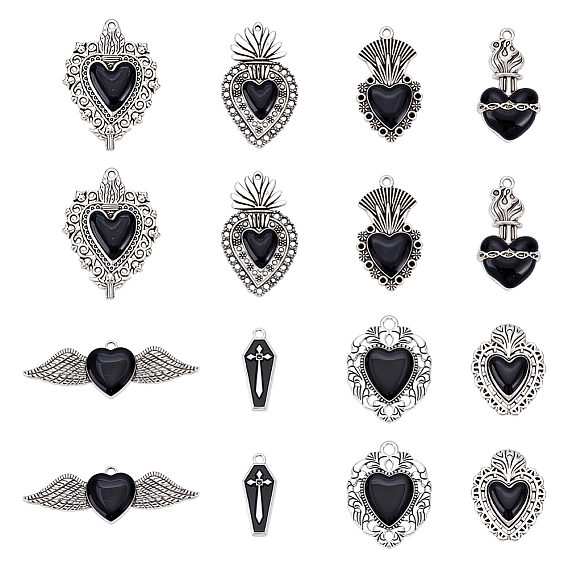 16 шт 8 стили подвески из сплава эмали, античное серебро, гроб/сердце-оберег