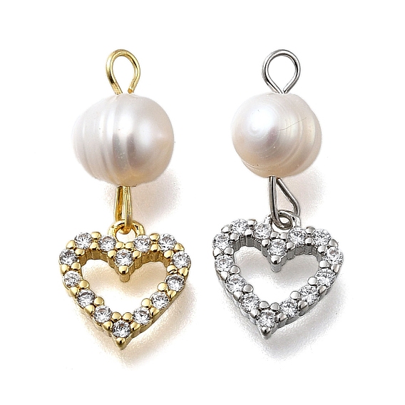 Латунные микро проложить кубического циркония подвески, сердце, стойки покрытие, долговечный, с натуральной жемчужиной, без кадмия и без свинца