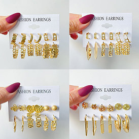 6 Pairs of Bold Retro Geometric Earrings with Metal Hoops - Versatile Statement Accessories