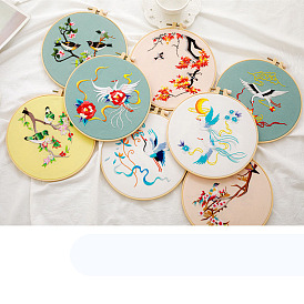 DIY Bird/Flower/Moon Embroidery Painting Kits, Including Printed Cotton Fabric, Embroidery Thread & Needles, Round Embroidery Hoop