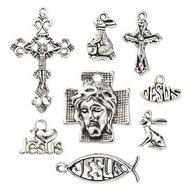 80 pcs 8 pendentifs en alliage de style tibétain, lapin & ichthus & coeur & mot & crucifix croix & croix avec jésus, pour Pâques