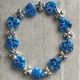 Bracelets extensibles faits main en fil de verre millefiori et perles d'alliage pour femmes, croix & coeur, argent antique