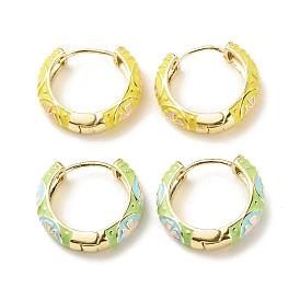 Flower Enamel Hoop Earrings, Gold Plated Brass Hinged Earrings for Women