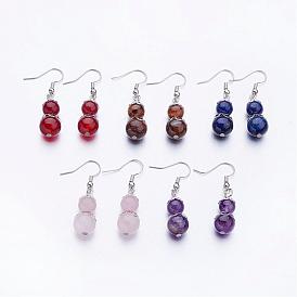 Gemstone Dangle Earrings, with Brass Bead Caps and Earring Hooks, Round