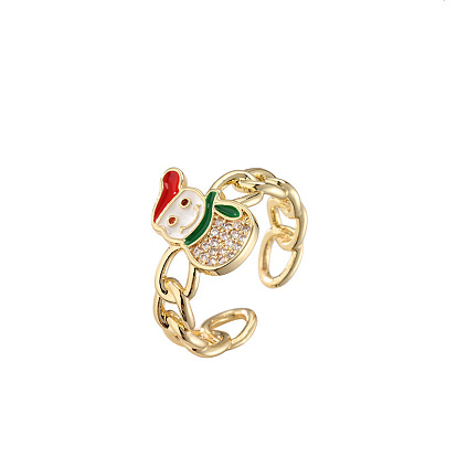 Colorful Zircon Christmas Snowman Ring with Copper Micro-inlay, Unique Festive Finger Jewelry