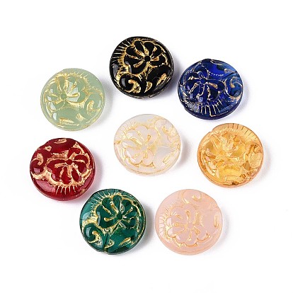 Стеклянные бусины, плоские круглые с цветком, золотой металл обвитыми