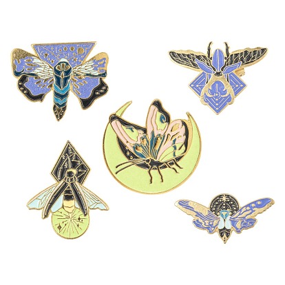 5Pcs 5 Style Creative Zinc Alloy Enamel Brooches, Enamel Pin, with Iron Clutches, Insect & Butterfly, Golden