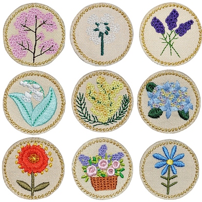 Computerized Embroidery Polyester Sew on Patches, Costume Accessories, Flat Round with Flower/Tree Pattern