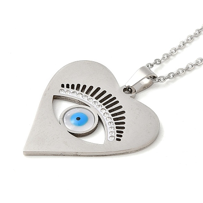 Heart with Evil Eye 304 Stainless Steel Enamel Pendant Necklaces, with Rhinestone