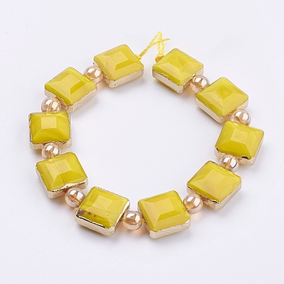 Opaque Glass Beads Strands, with Brass Findings, Faceted, Square