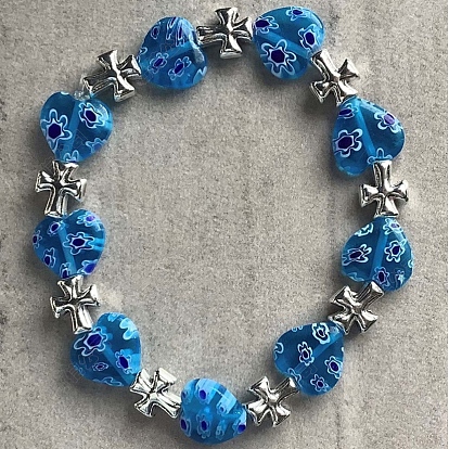 Bracelets extensibles faits main en fil de verre millefiori et perles d'alliage pour femmes, croix & coeur, argent antique