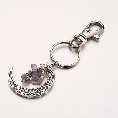 Natural Gemstone Pendant Keychain, with Alloy Pendants, Iron Rings and Alloy Keychain Findings, Moon