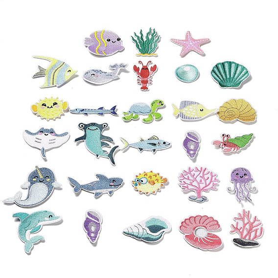 28 шт. полиэстеровые нашивки с изображением морских животных, приклеиваемые термоклеем/пришивные, термоклей, аппликации из ткани, разнообразные