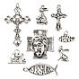 80Pcs 8 Style Tibetan Style Alloy Pendants, Rabbit & Ichthus & Heart & Word & Crucifix Cross & Cross with Jesus, for Easter
