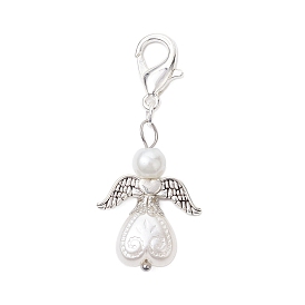 Angel Acrylic Imitation Pearl Pendant Decorations, with Glass Pearl Beads and Zinc Alloy Lobster Claw Clasps