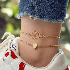 Bracelet en alliage de style bohème serti d'un bracelet de cheville en forme de lotus en forme de cœur de plage hawaïen, 2 pièces