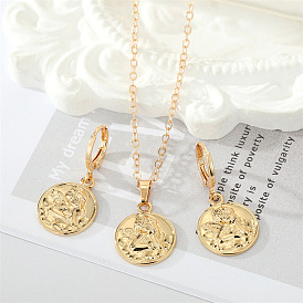Golden Cupid Angel Jewelry Set - Coin Pendant Necklace & Earrings with Lock Chain