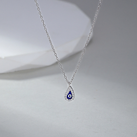 Fashionable 925 Sterling Silver Micro Pave Clear Cubic Zircon Bule Evil Eye Teardrop Pendant Necklaces for Women