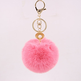 Ocean Shell Pearl Fur Ball Keychain for Women's Car Bag Keyring Pendant