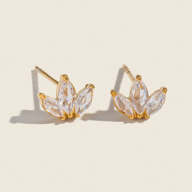 304 Stainless Steel Flower Stud Earrings, with Clear Cubic Zirconia
