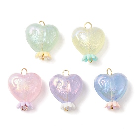 Luminous Acrylic Connector Charms, Heart Links with Opaque Resin Bead Caps and Golden Plated 304 Stainless Steel Loops