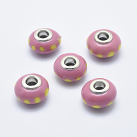 Perles européennes en pate polymère manuelles, avec noyaux en laiton plaqué couleur argent, Perles avec un grand trou   , Rondelles avec motif de points
