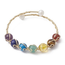 Bracelet de manchette en perles rondes avec pierres précieuses naturelles mélangées, Bracelet enroulé en fil de cuivre plaqué en rack avec perles naturelles de qualité A