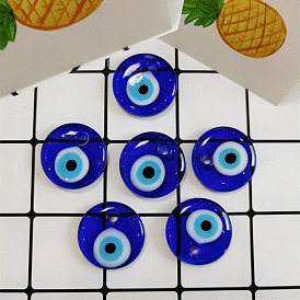 Transparent Glass Pendants, Flat Round with Evil Eye