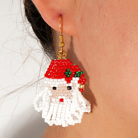 Bohemian Santa Claus Tassel Glass Beads Dangle Earrings, Christmas Paper Card Jewelry