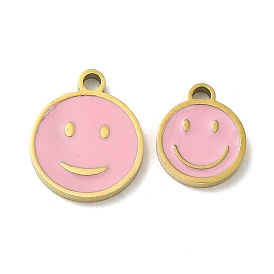 Ion Plating(IP) 316L Surgical Stainless Steel Charms, with Enamel, Real 18K Gold Plated, Flat Round with Smiling Face Charm