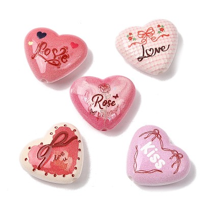 Непрозрачные акриловые бусины с принтом ко Дню святого Валентина, Сердце со словами любовь/роза/поцелуй