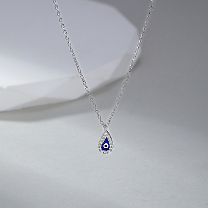 Fashionable 925 Sterling Silver Micro Pave Clear Cubic Zircon Bule Evil Eye Teardrop Pendant Necklaces for Women