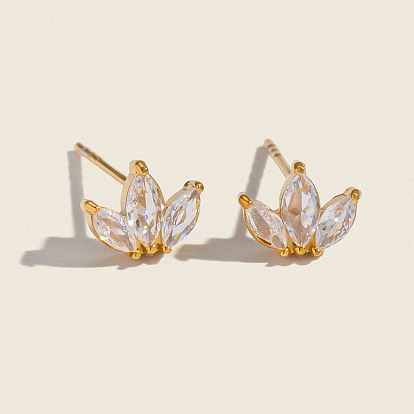 304 Stainless Steel Flower Stud Earrings, with Clear Cubic Zirconia