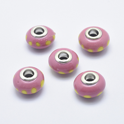 Perles européennes en pate polymère manuelles, avec noyaux en laiton plaqué couleur argent, Perles avec un grand trou   , Rondelles avec motif de points