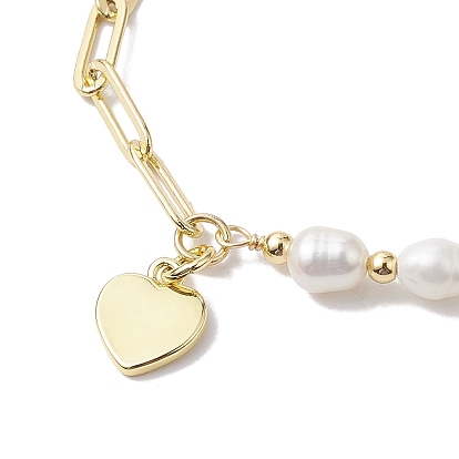 Natural Cultured Freshwater Pearl Beads Paperclip Chains Heart Charm Bracelets with Toggle Clasps for Women