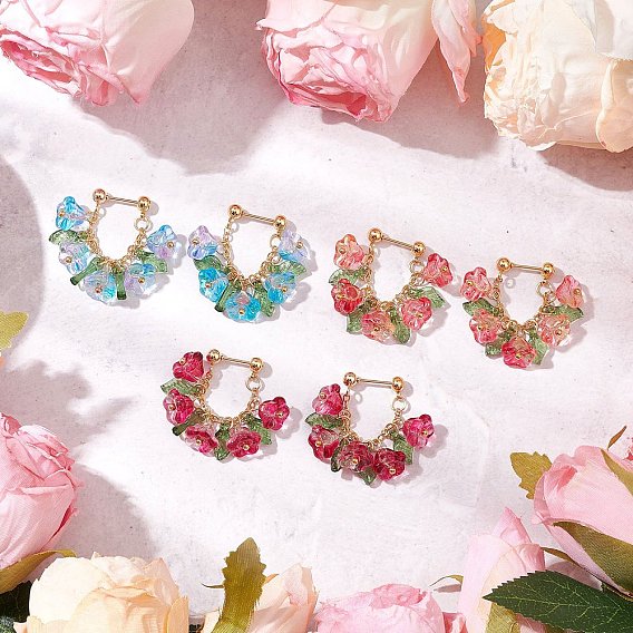 3 пара 304 серьги-кольца из нержавеющей стали, с цветочной стеклянными шариками