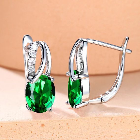 Латунь кубического циркония серьги стержня, овальные, платина