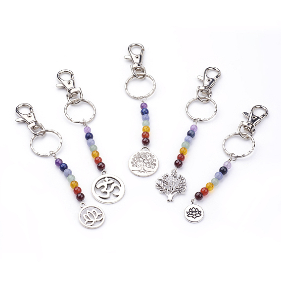Tibetan Style Alloy Keychain, with Natural Gemstone Beads, Iron Key Rings and Alloy Swivel Lobster Claw Clasps